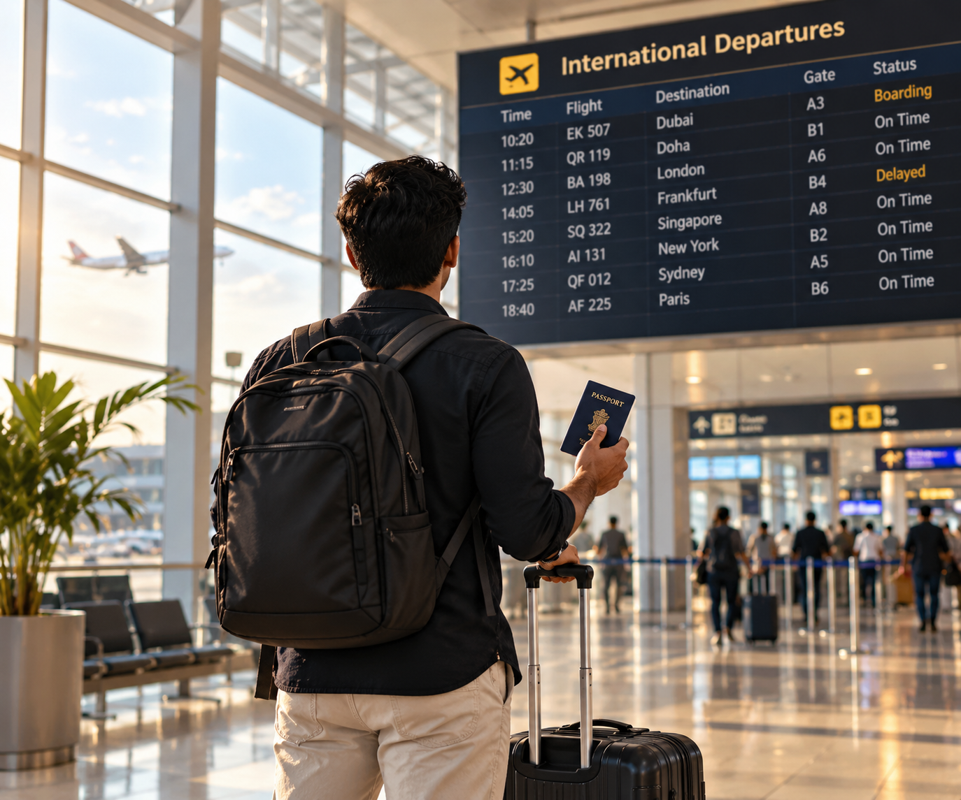 Traveler with passport and suitcase viewing an international airport departures board