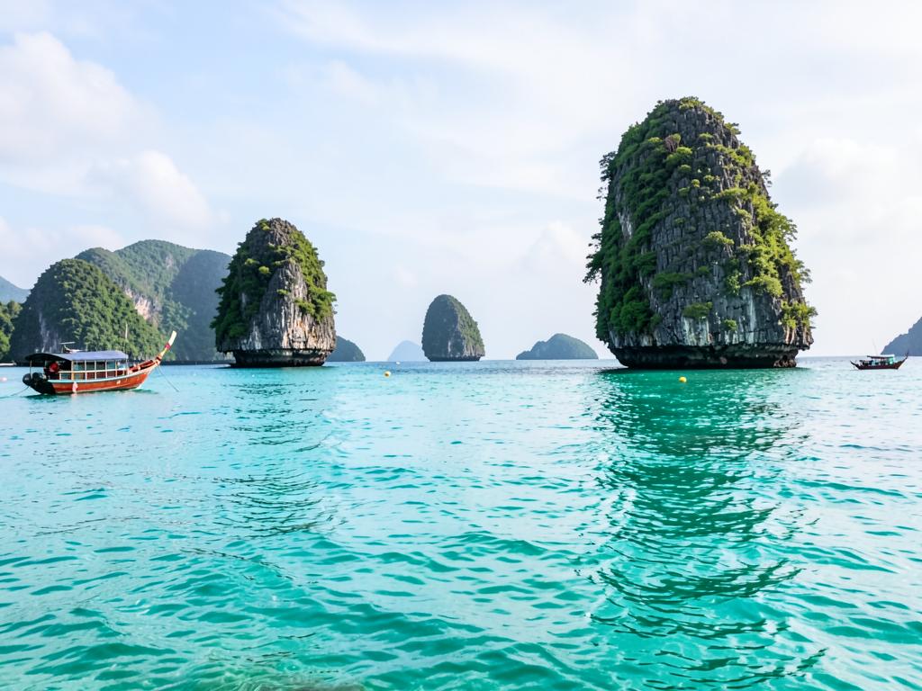 Limestone islands in the emerald sea in Thailand