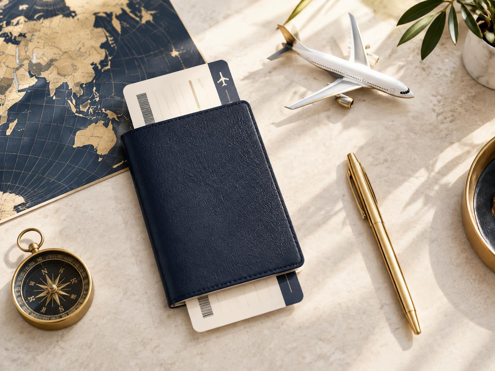Passport, boarding pass and notebook prepared for a visa consultation